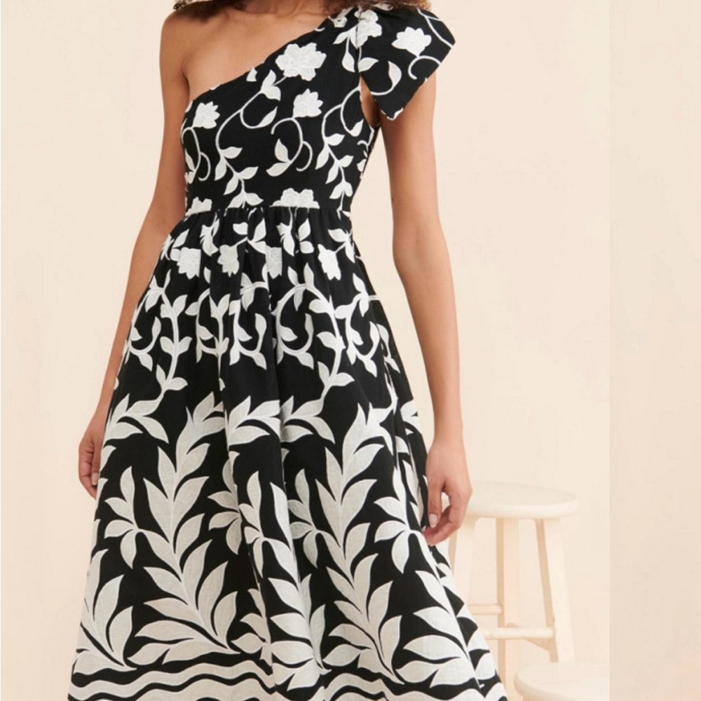 Anthropologie Black and White Floral One-Shoulder Dress